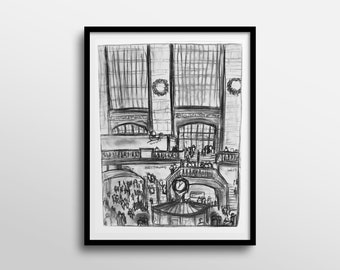 Grand Central Station New York City Black and White Abstract Charcoal Drawing Art Print
