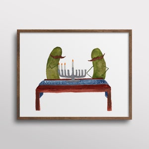 Whimsical Pickles with Mustaches Lighting the Menorah for Hanukkah Watercolor Art Print image 1