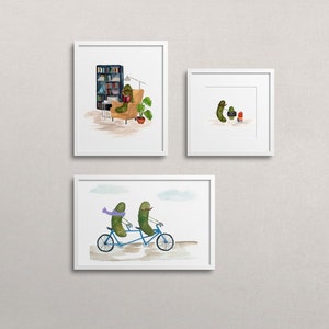 Whimsical Pickle Reading a Book in Library Book Nook Watercolor Art Print image 5