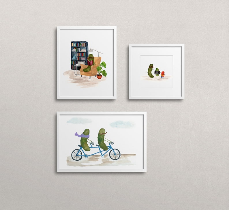 Whimsical Pickle Reading a Book in Library Book Nook Watercolor Art Print image 5