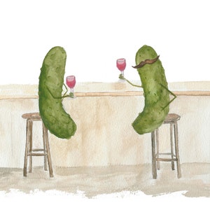 Whimsical Pickles with Mustaches Drinking Wine at the Bar Watercolor Art Print Mustache/No Stache