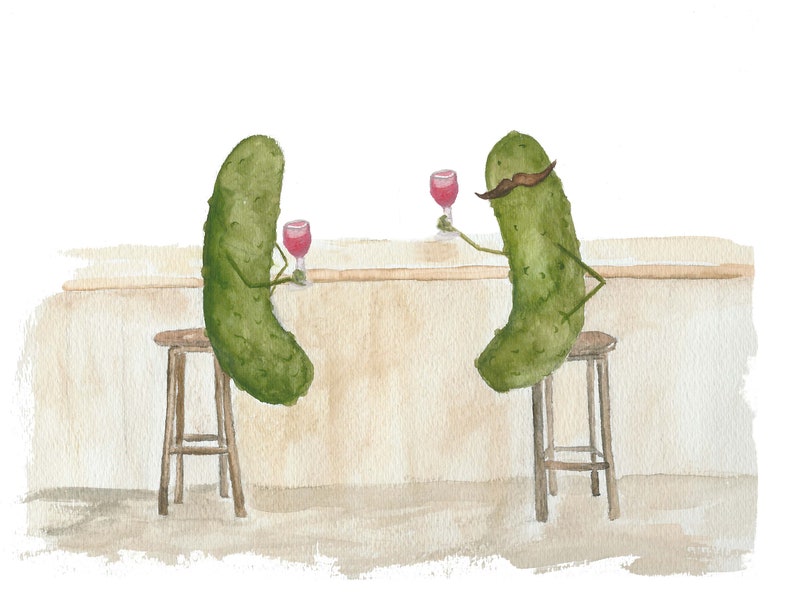 Whimsical Pickles with Mustaches Drinking Wine at the Bar Watercolor Art Print Mustache/No Stache