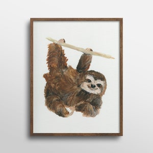 Swinging Sloth Nursery Animal Watercolor Art Print image 1