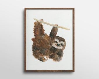 Swinging Sloth Nursery Animal Watercolor Art Print