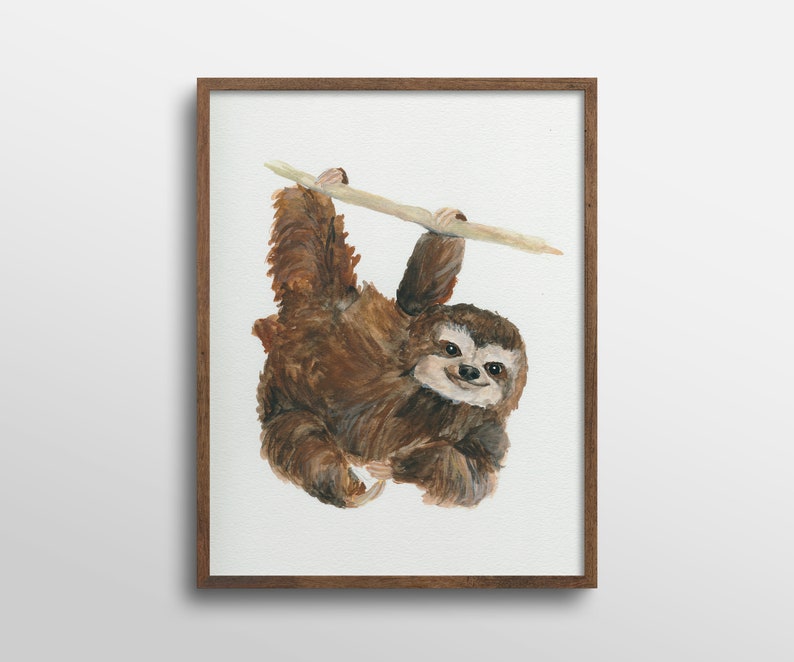 Swinging Sloth Nursery Animal Watercolor Art Print image 1
