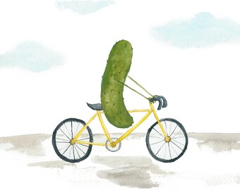 Whimsical Pickle With a Mustache on a Bicycle Watercolor Art Print