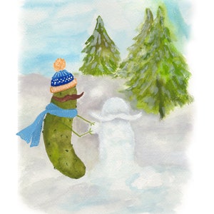 Whimsical Pickle in a Santa Hat Building a Snowman Watercolor Art Print Mustache