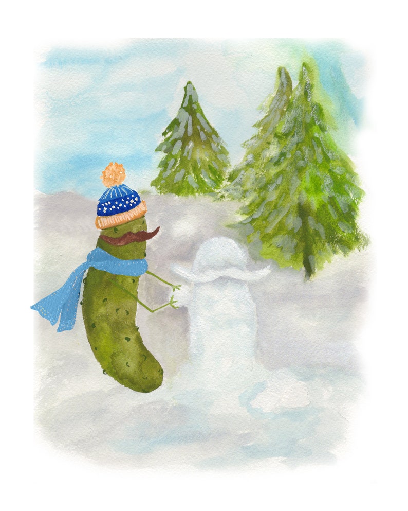 Whimsical Pickle in a Santa Hat Building a Snowman Watercolor Art Print Mustache