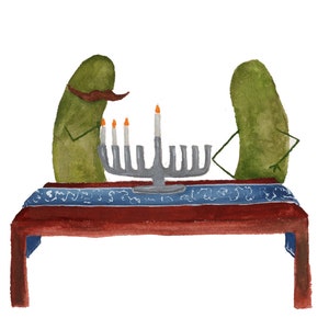 Whimsical Pickles with Mustaches Lighting the Menorah for Hanukkah Watercolor Art Print Mustache/ No Stache