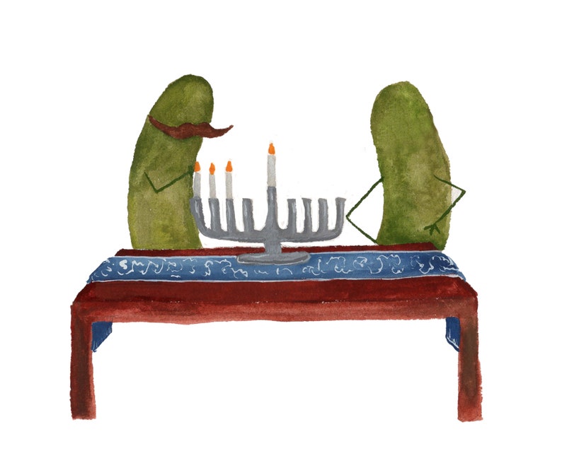 Whimsical Pickles with Mustaches Lighting the Menorah for Hanukkah Watercolor Art Print Mustache/ No Stache
