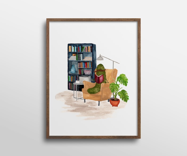 Whimsical Pickle Reading a Book in Library Book Nook Watercolor Art Print Mustache