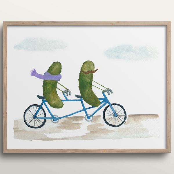 Whimsical Pickles on a Bicycle Built for Two Watercolor Art Print