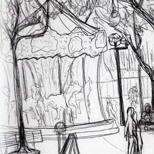 Black and White Outdoor French Carousel Park Abstract Charcoal Drawing Art Print image 3