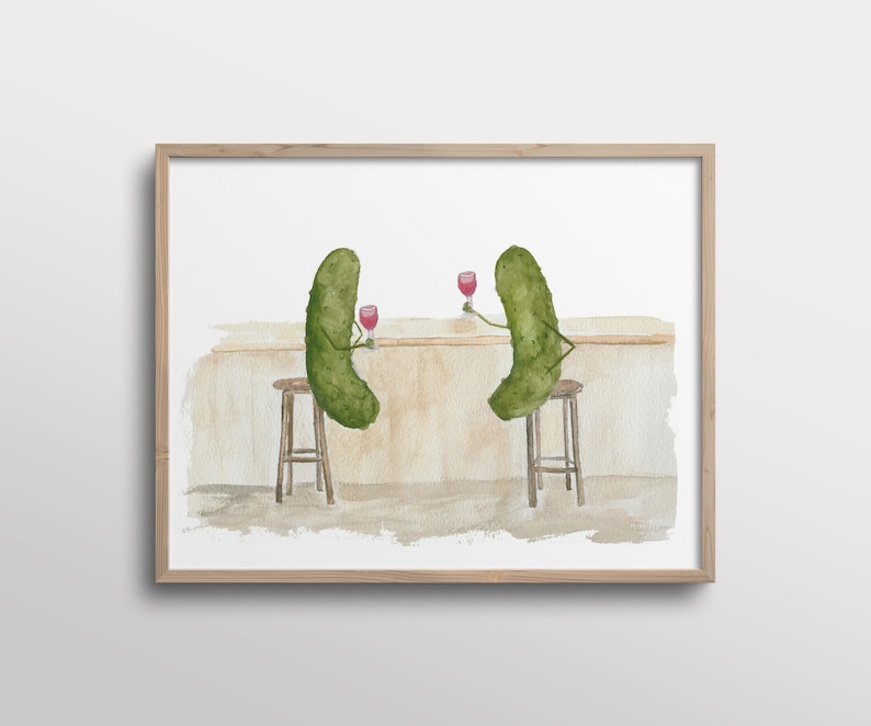 Whimsical Pickles with Mustaches Drinking Wine at the Bar Watercolor Art Print image 1