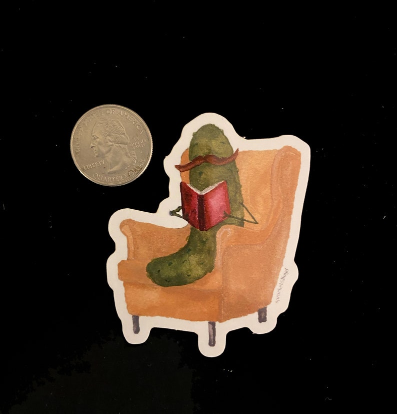 Whimsical Pickle with Mustache Reading a Book Laptop Water Bottle Sticker image 4