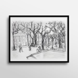 Black and White Outdoor French Carousel Park Abstract Charcoal Drawing Art Print image 1