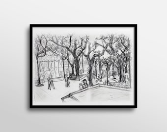 Black and White Outdoor French Carousel Park Abstract Charcoal Drawing Art Print