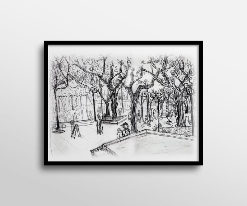 Black and White Outdoor French Carousel Park Abstract Charcoal Drawing Art Print image 1