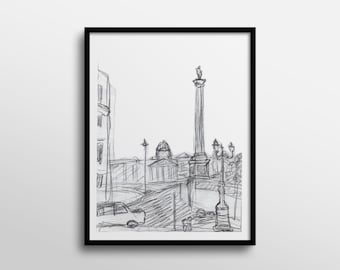 Trafalgar Square London Black and White Abstract Charcoal Drawing Art Print