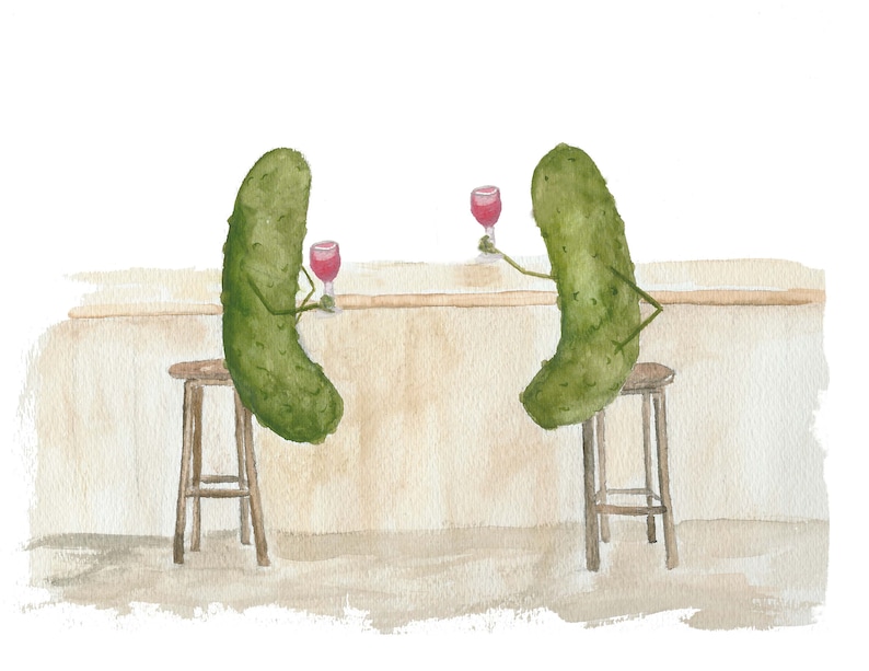 Whimsical Pickles with Mustaches Drinking Wine at the Bar Watercolor Art Print No Mustaches