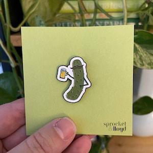 Whimsical Pickle with Mustache having a Beer Enamel Pin