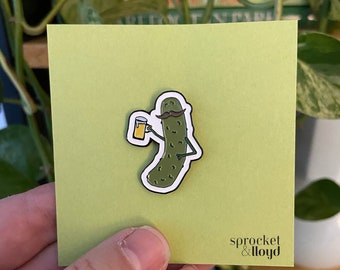 Whimsical Pickle with Mustache having a Beer Enamel Pin