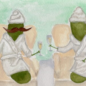 Whimsical Pickles with Mustaches Relaxing at the Spa Watercolor Art Print image 7