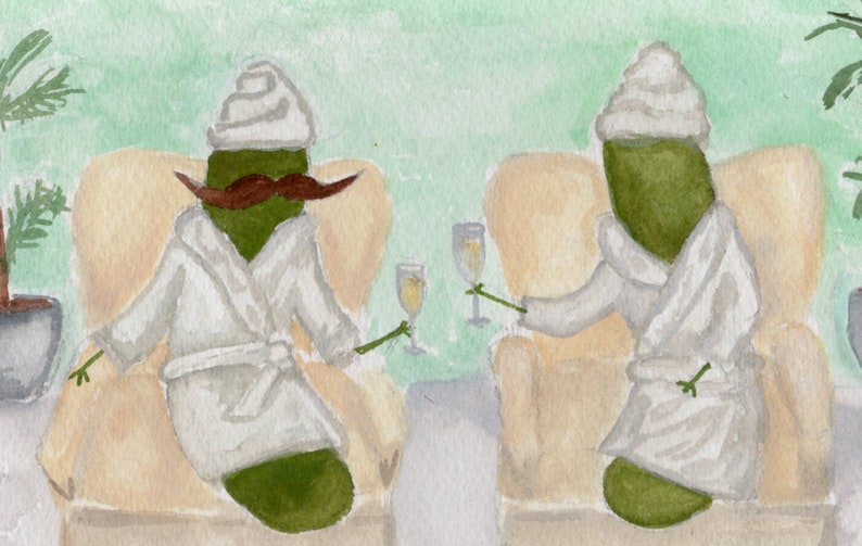 Whimsical Pickles with Mustaches Relaxing at the Spa Watercolor Art Print image 7