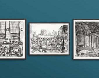 NYC Charcoal Art Prints: Grand Central & Bryant Park Set