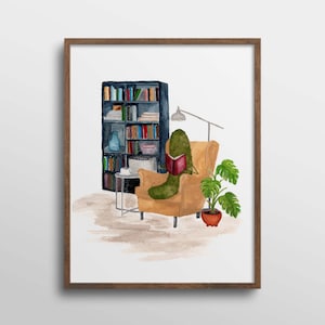 Whimsical Pickle Reading a Book in Library Book Nook Watercolor Art Print No Mustache