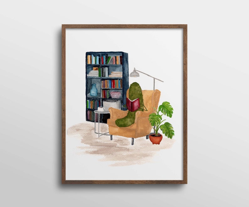 Whimsical Pickle Reading a Book in Library Book Nook Watercolor Art Print No Mustache