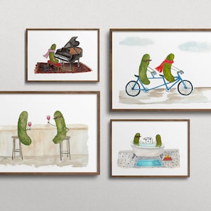 Whimsical Pickles with Mustaches Drinking Wine at the Bar Watercolor Art Print image 3