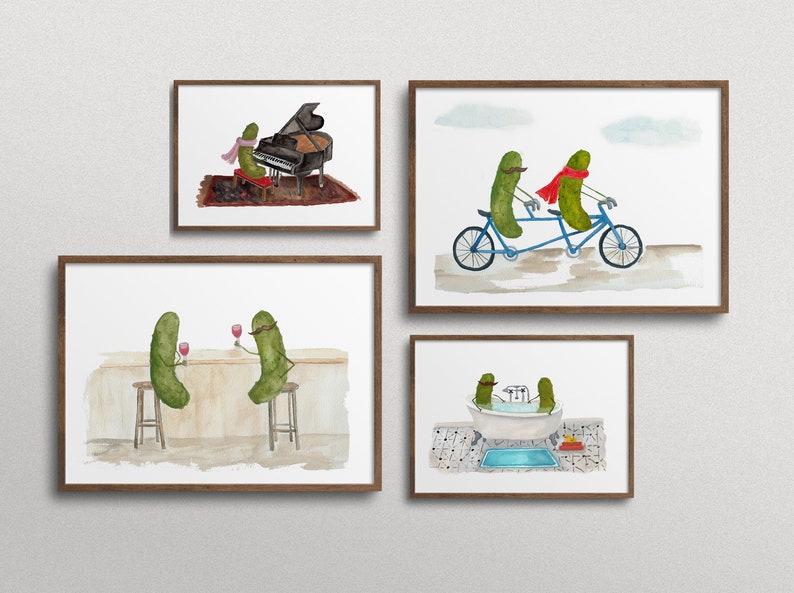 Whimsical Pickles with Mustaches Drinking Wine at the Bar Watercolor Art Print image 3