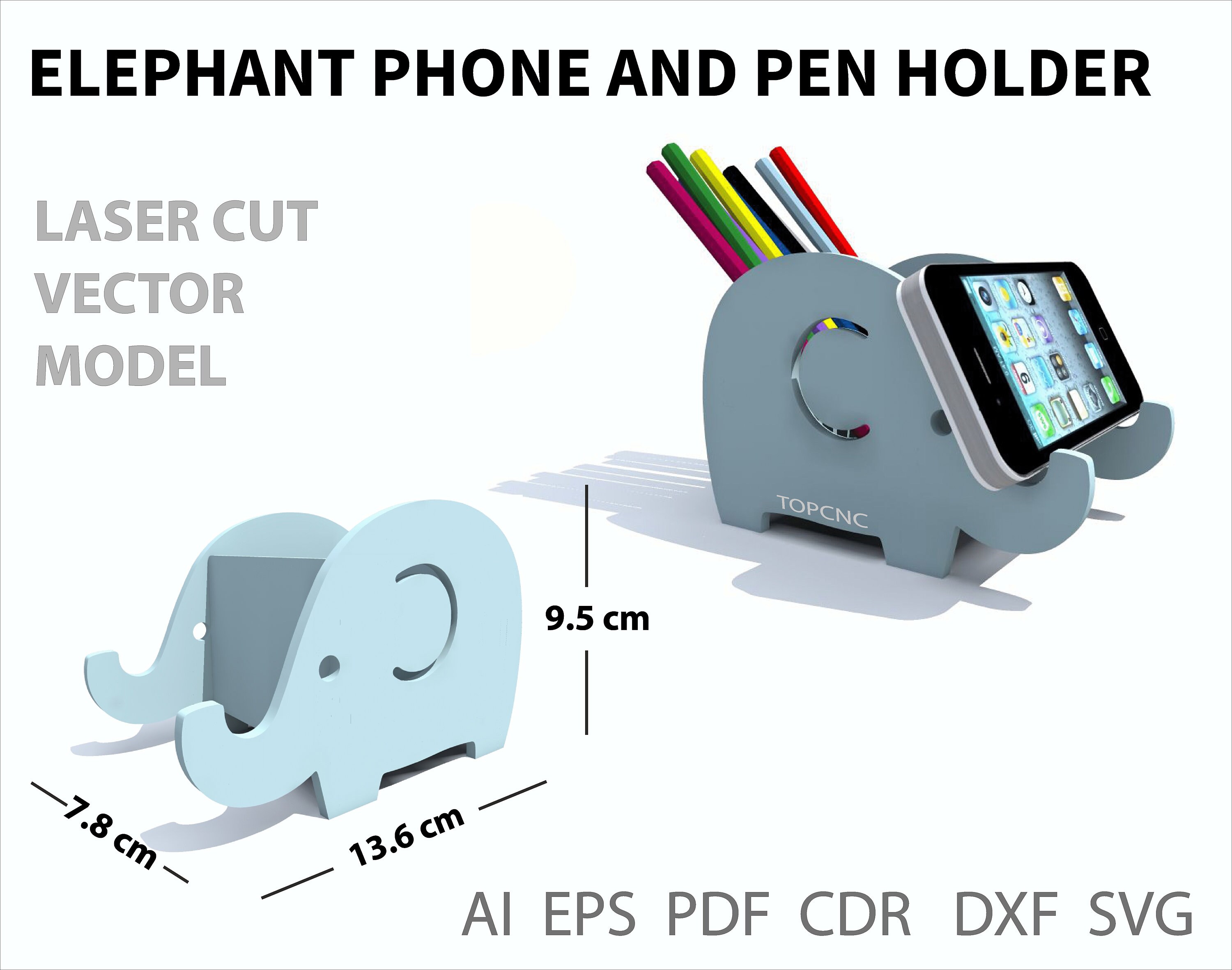 Download Elephant Phone And Pen Holder Pencil Stand Laser Cutting Dxf Dwg Ai File Cnc Instant Download