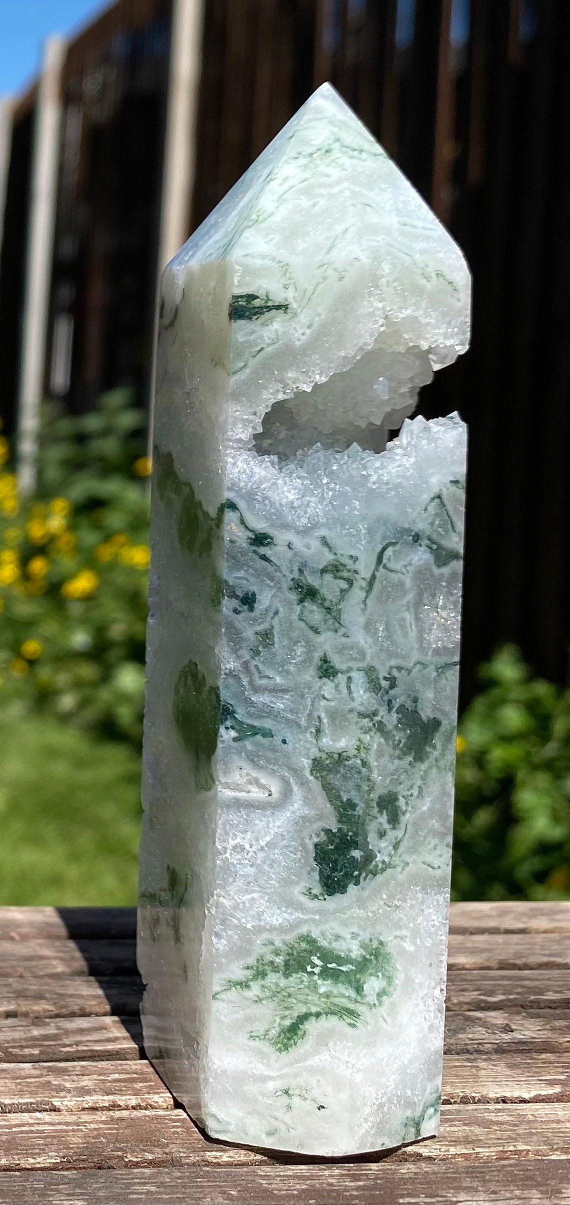 Moss agate tower with amazing druzy | Etsy