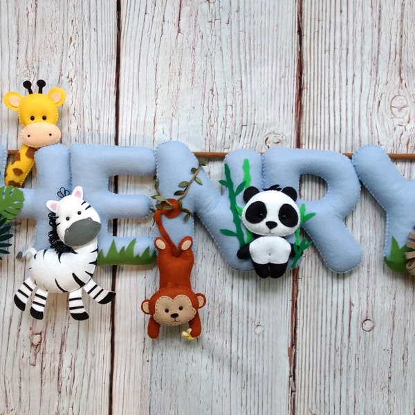 Safari felt name banner Large felt letters Nursery Decor Safari nursery Personalized gift Safari animal Name garland Jungle name banner