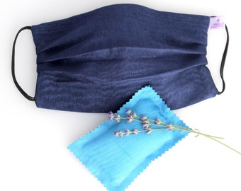 Washable Silk Face Mask Adjustable Strings Nose Wire Blue doubled with 100% cotton Pocket for filter Lavender Sachet with Calming Aroma