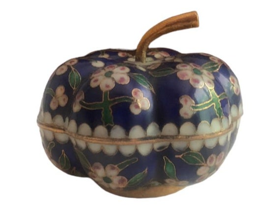 Vintage Blue Trinket Box, Cloisonne Trinket Box, Pumpkin Shape Trinket, Blue Floral, Lidded Trinket Container