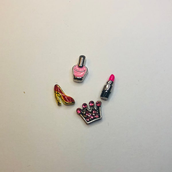Floating Charm, Charms, Lipstick, Lipstick Charm ,Nail Polish, High Heel, Pink Crown, Stainless Steel Charm, Pink Charm, Jewelry Component
