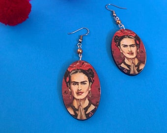 Red Listones Praying Ribbon Handmade Wooden Frida-Inspired Earrings from Oaxaca, Mexico