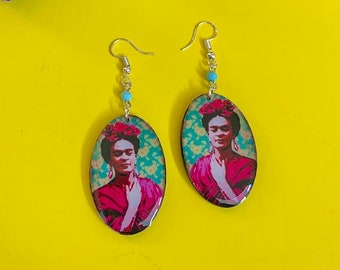 Red Flowers and Rebozo Handmade Wooden Frida-Inspired Earrings from Oaxaca, Mexico