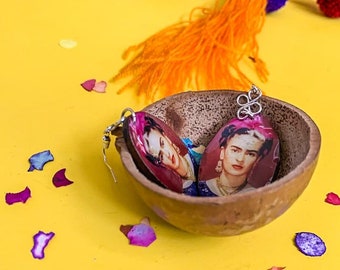 Bonita with Gold Earrings and Red Ribbons Handmade Wooden Frida-Inspired Earrings from Oaxaca, Mexico