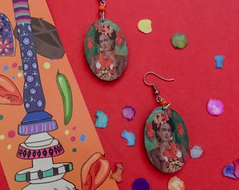 Tropical Fiesta Handmade Wooden Frida-Inspired Earrings from Oaxaca, Mexico