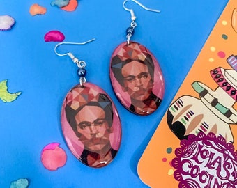 Colorful Geometric Handmade Wooden Frida-Inspired Earrings from Oaxaca, Mexico