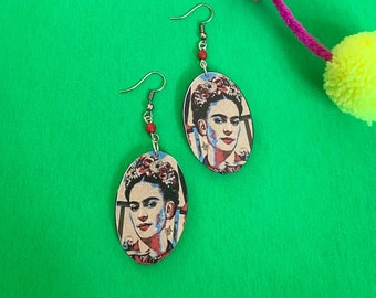 Black and White with Colorful Flowers Handmade Wooden Frida-Inspired Earrings from Oaxaca, Mexico