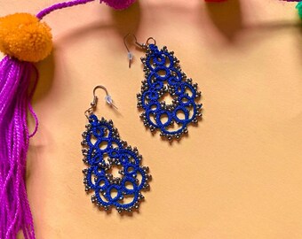 Handmade peacock blue with gold beads made in Mexico, lace, filigree tatting jewelry, chandelier