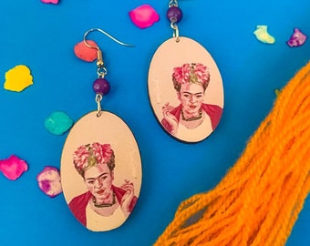 Flores y Fumando / Flower Crown and Smoking Handmade Wooden Frida-Inspired Earrings from Oaxaca, Mexico