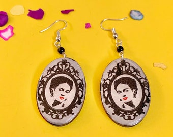 Black and White Cameo Handmade Wooden Frida-Inspired Earrings from Oaxaca, Mexico