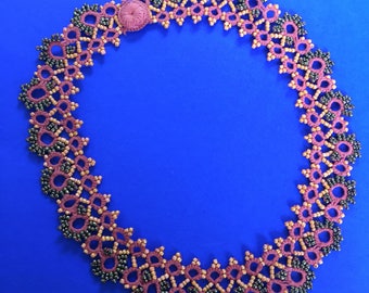 Handmade tatting necklace, lace collar, beaded tatting jewelry, filigree tatting jewelry, coral jewelry