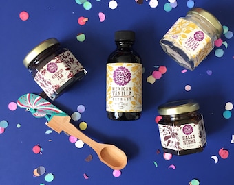 Lola's Cocina Mini Gourmet Sampler Set with Vanilla Extract + Handmade Wooden Spoon